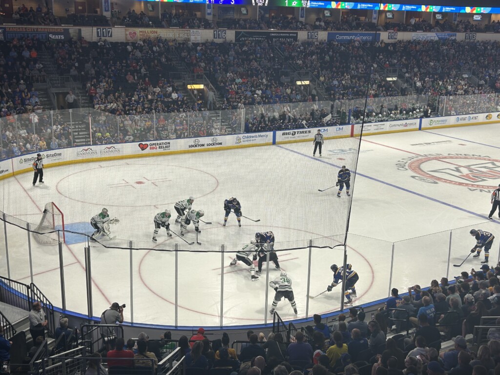 St Louis Blues And Dallas Stars Faceoff In Dallas Zone